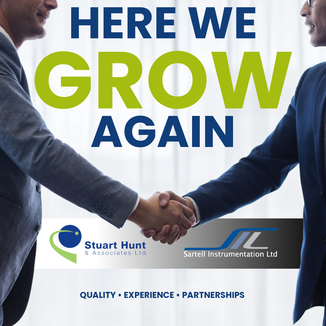 Banner announcing that Sartell Instrumentation Ltd is now part of Stuart Hunt & Associates Ltd. The image features a handshake, a notice about the closure of the 225 Traders Blvd. East location, and a new service location at 5949 Ambler Drive, Missis