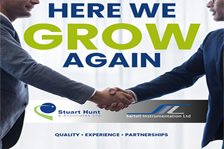 Banner announcing that Sartell Instrumentation Ltd is now part of Stuart Hunt & Associates Ltd. The image features a handshake, a notice about the closure of the 225 Traders Blvd. East location, and a new service location at 5949 Ambler Drive, Missis