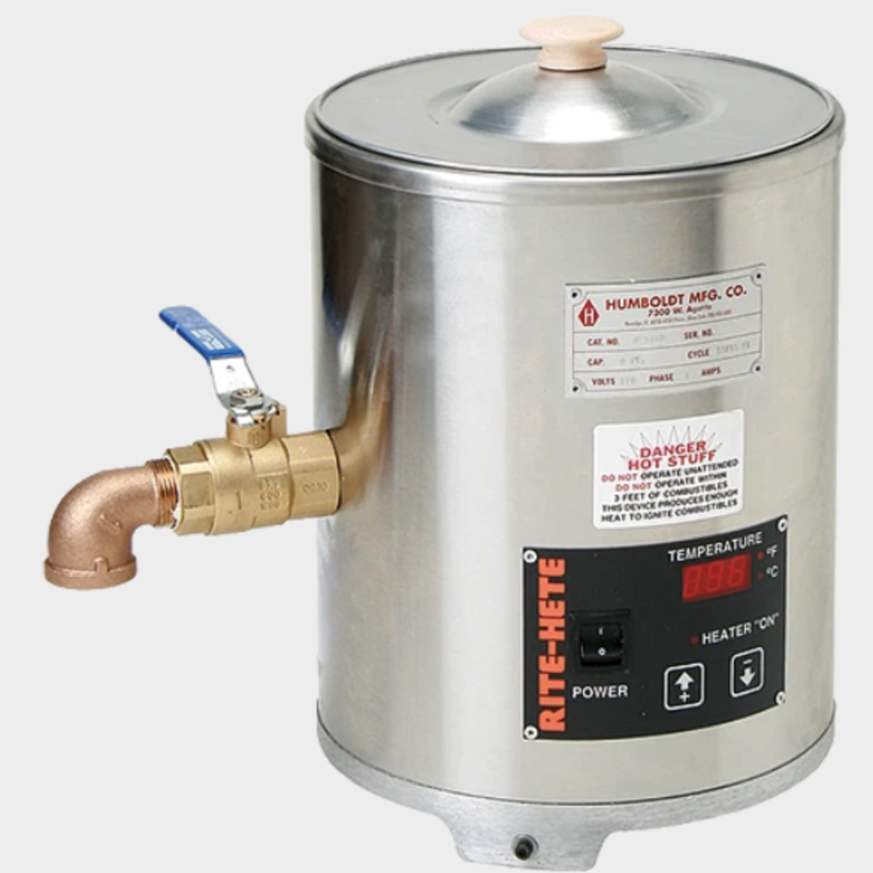 Round, melting pot has stainless steel crucible (18 gauge) and shell (20 gauge) to facilitate easy clean up. Choice of 6 quart, or 12 quart models. Includes heavy-duty, adjustable bench mounting stand, which fits either size. Dual-point temperature control allows independent temperature for pot (0-350°) and for valve (1-10°). Digital display may be read in either Centigrade or Fahrenheit. Other features include: multiple-circuit blanket heater for very uniform heat; no-drip 1