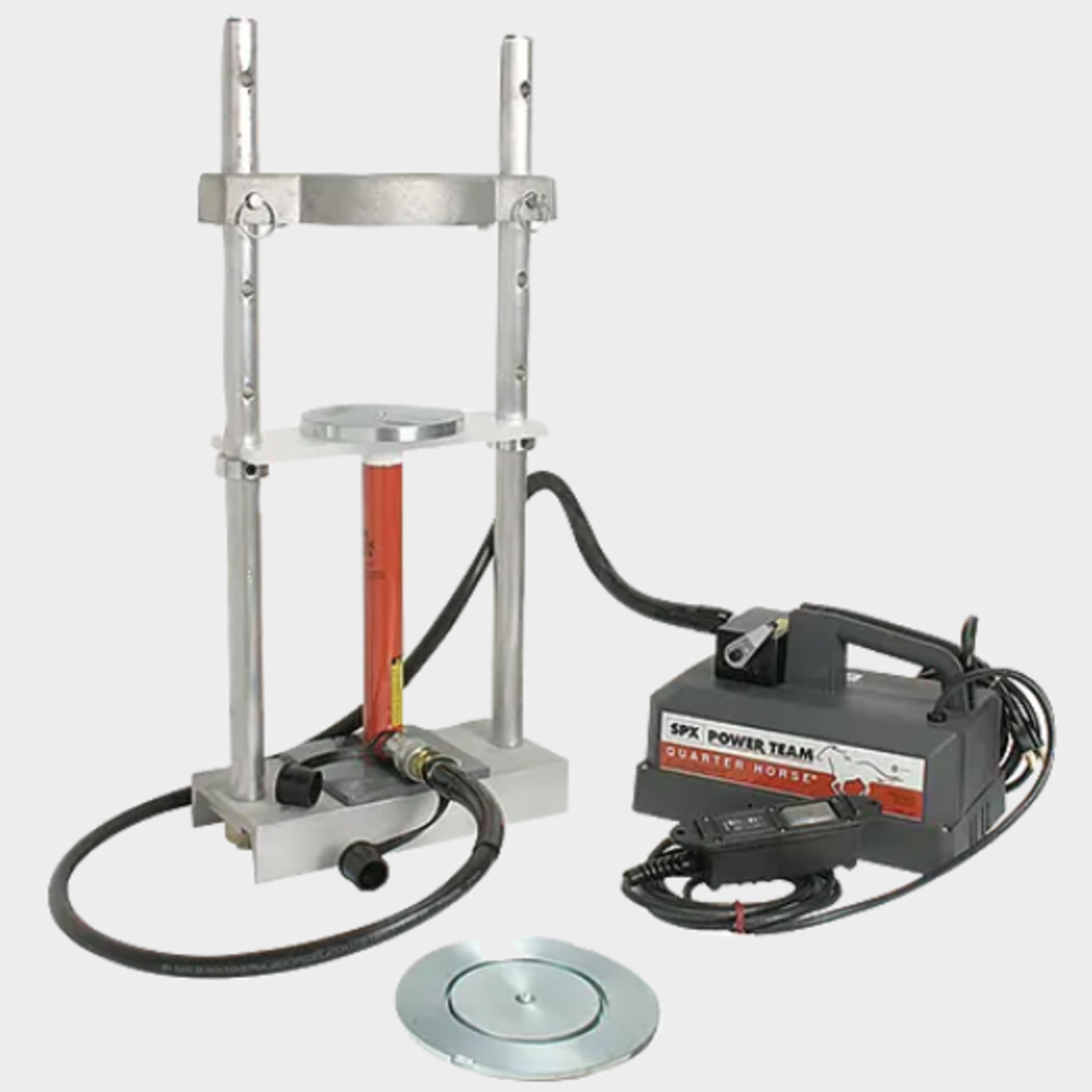 Asphalt Sample Ejector, Motorized Supports the following standards: ASTM D6926, AASHTO T245  This Motorized Marshall Sample Ejector features the use of a 5-ton capacity motorized hydraulic pump and ram assembly. The unit incorporates extended upright rods in order to accommodate both standard 4