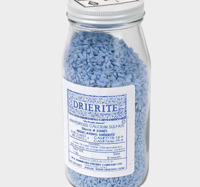 Supports the following standards: ASTM D4643, ASTM D854, ASTM D4  Indicating drierite is impregnated with cobalt chloride. This desiccant is blue when dru and changes to pink upon absorption of moisture. The color change is pronounced and clearly vis